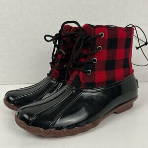 Jessica Carlyle Women's Duck Boots Red Black Buffalo Plaid Rain Snow Size 10